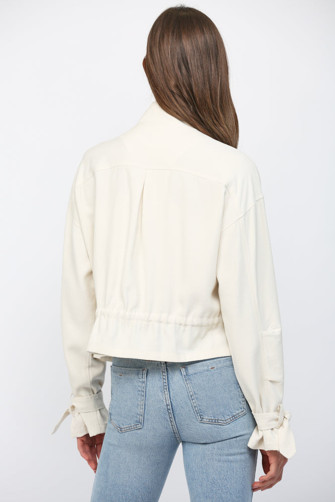 Drawstring utility jacket, side view