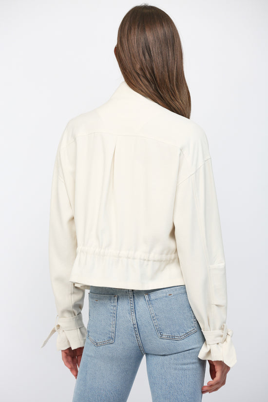 Drawstring utility jacket, side view