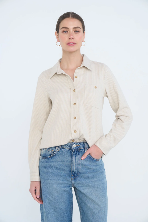 Model wearing oatmeal textured collared button-down top