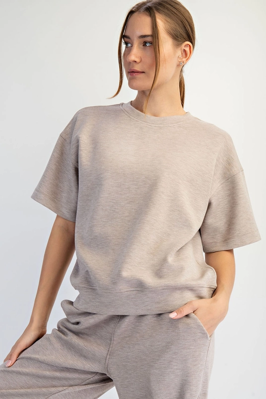 Taupe Weekend Relaxed Short-Sleeve Top with crew neckline