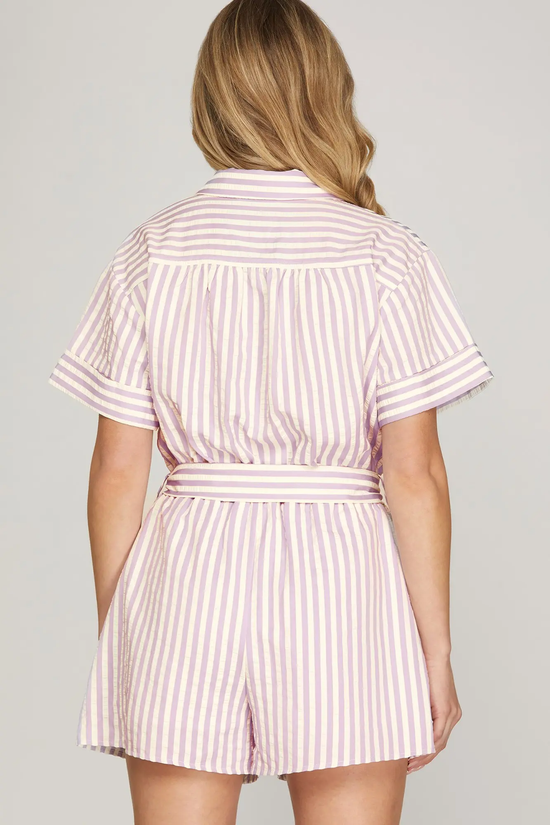SHE & SKY Striped Button-Down Romper in lilac and white - view 4
