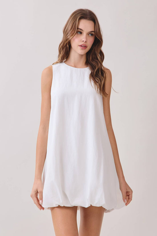 White open-back bubble-hem mini dress by TCEC, front view