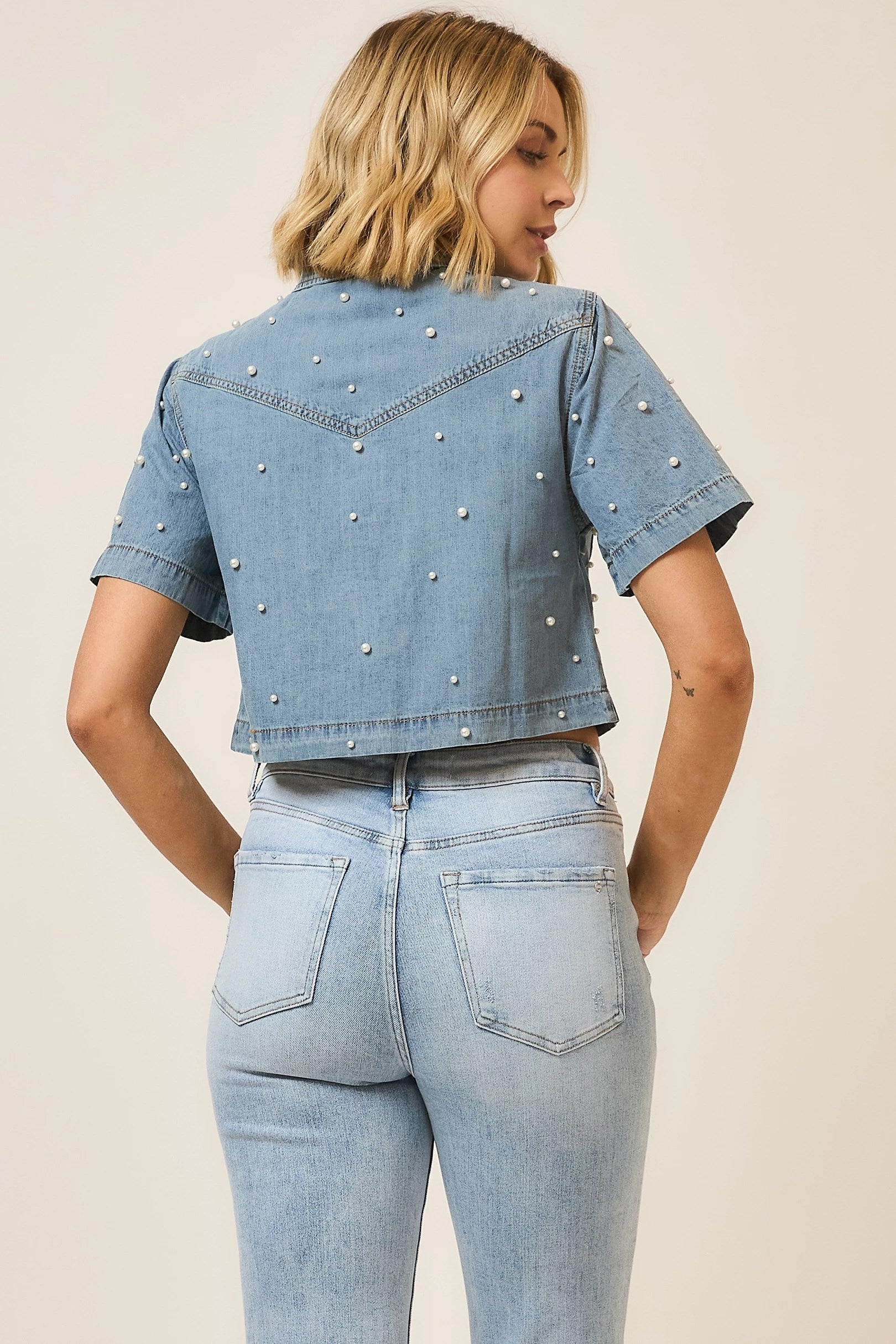 PEARL STUDDED DENIM TOP