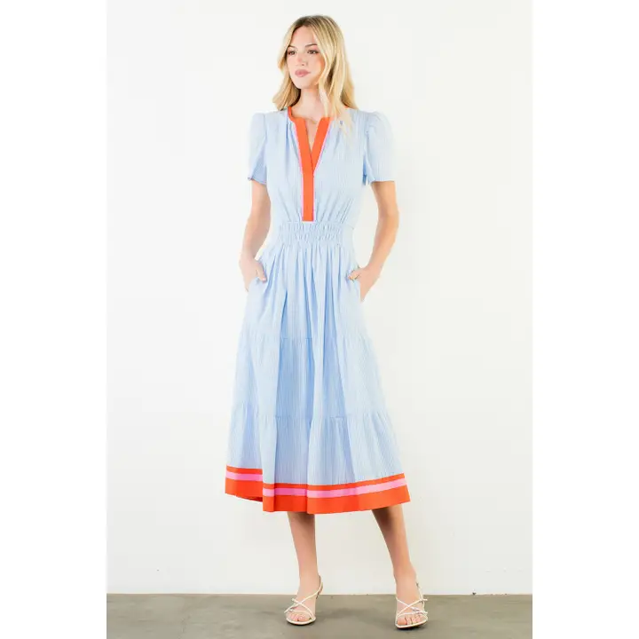 PINK RIBBON TRIM MIDI DRESS