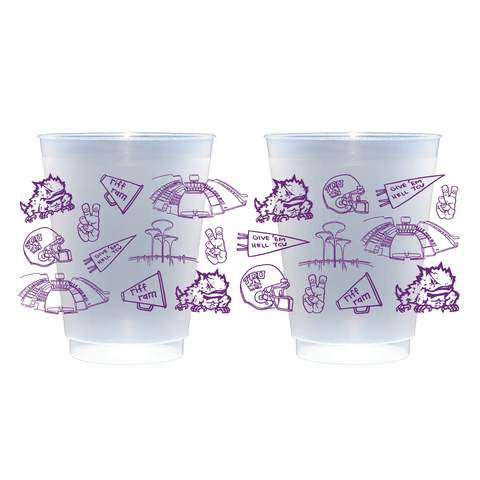 Set of eight clear TCU shatterproof cups with purple artwork