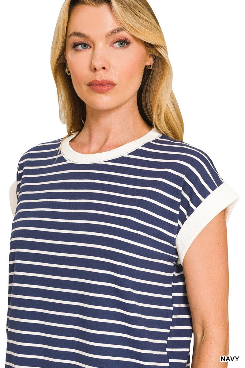 Blue and ivory rolled-sleeve striped top detail view
