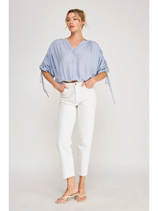 Cream and blue ruffle drawstring-sleeve top - product image 6