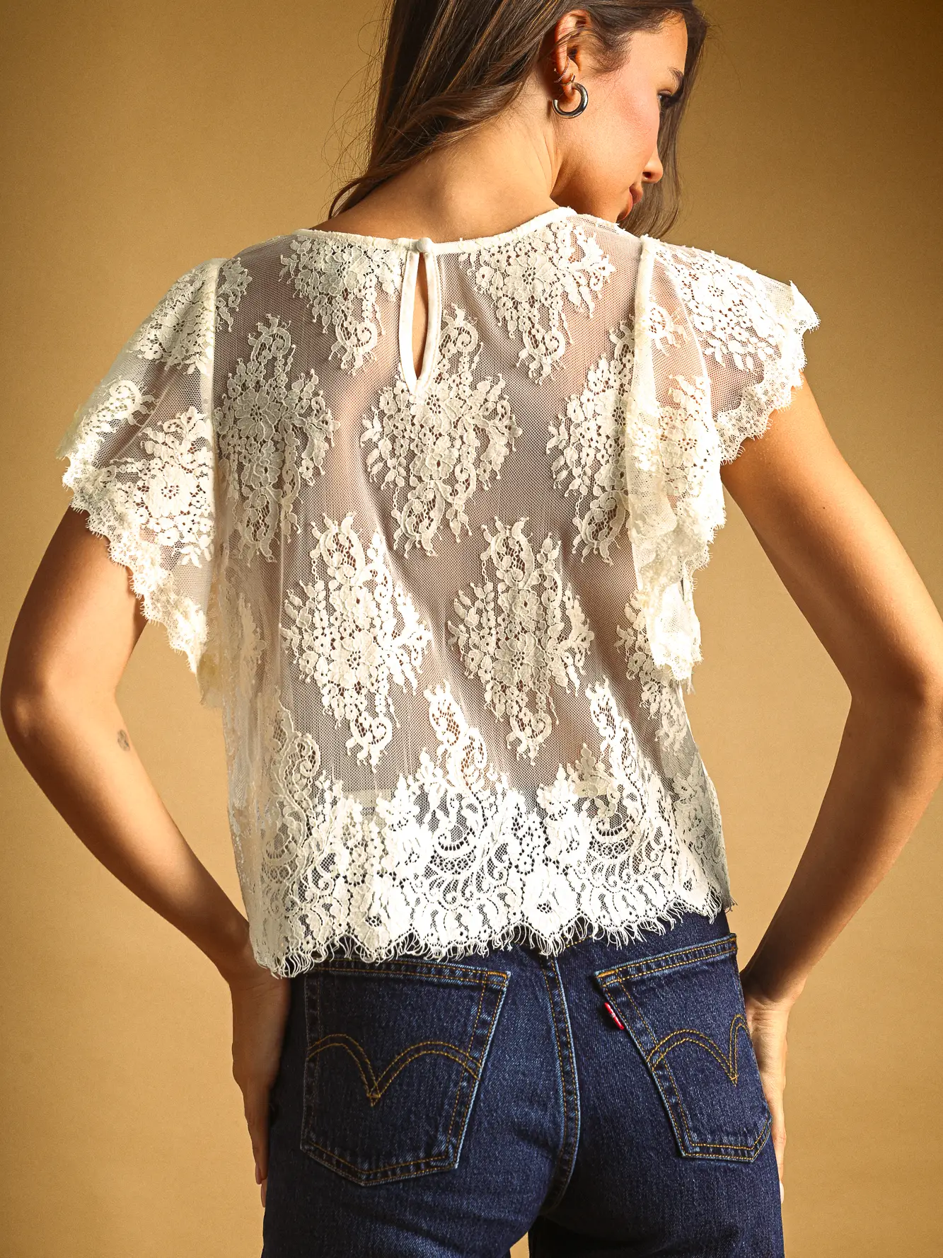 Miou Muse floral lace scalloped top in black or ecru
