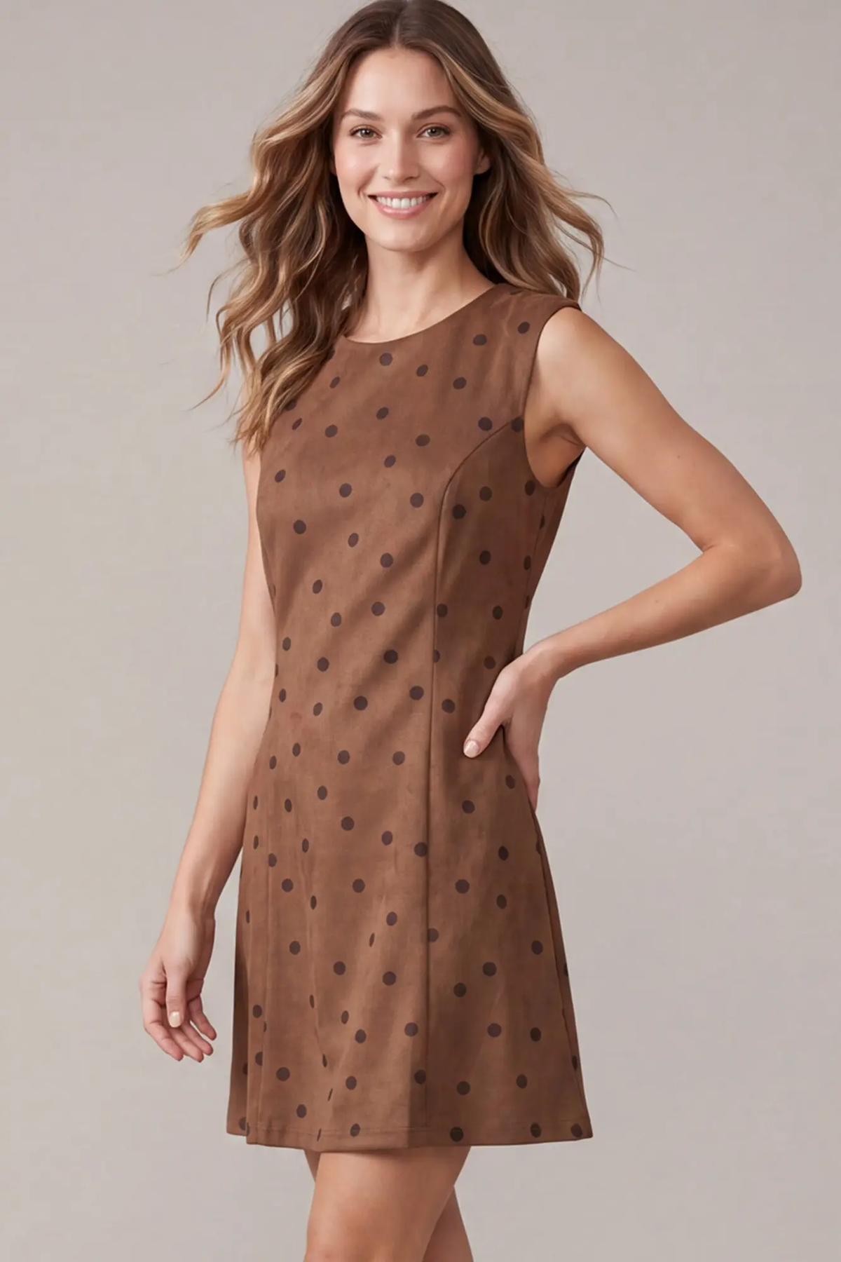Brown Polka-Dot Faux-Suede Mini Dress - front view