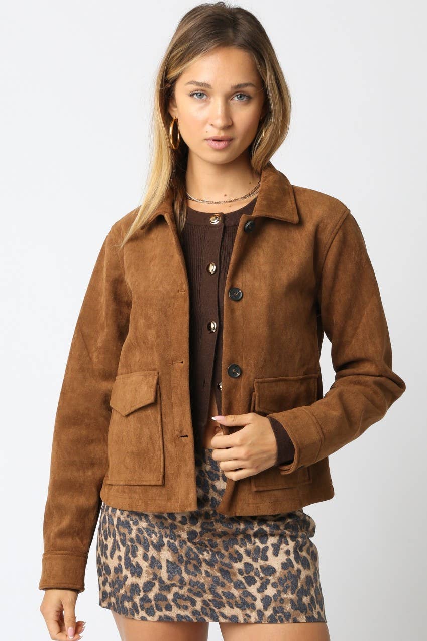 Faux-Suede Button-Front Jacket