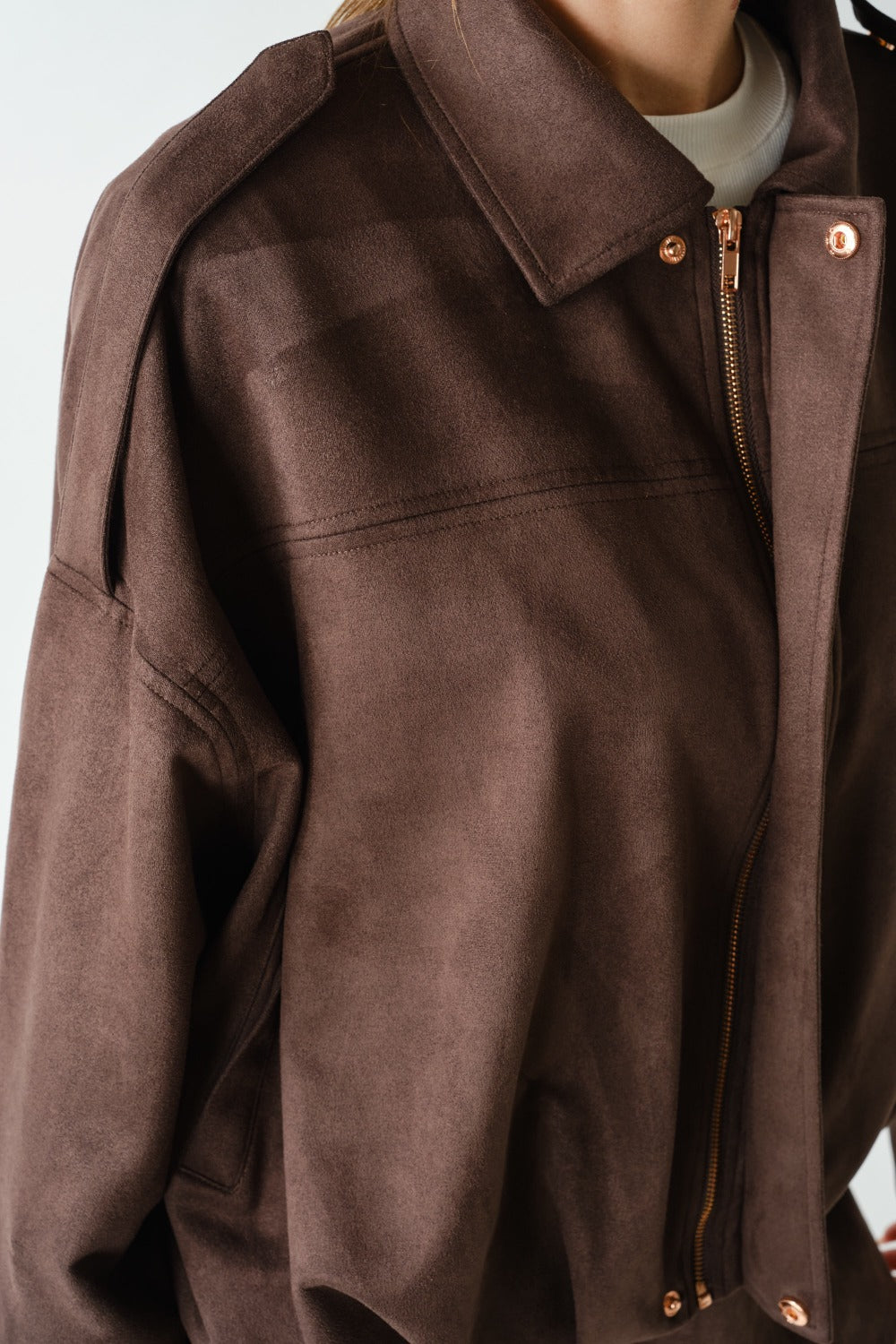 Brown Hudson suede-finish jacket with matching skort