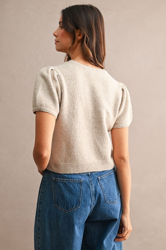 Mocha short-sleeve duck sweater, back view