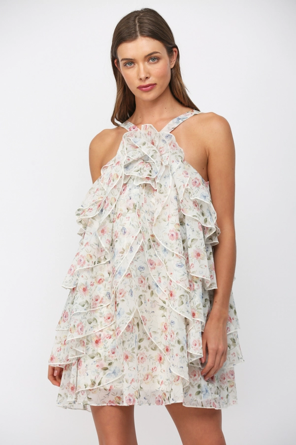 PETAL RUFFLE FLORAL MINI DRESS