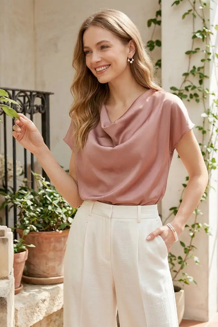 SHE & SKY Drop-Sleeve Satin Top in mocha - view 1