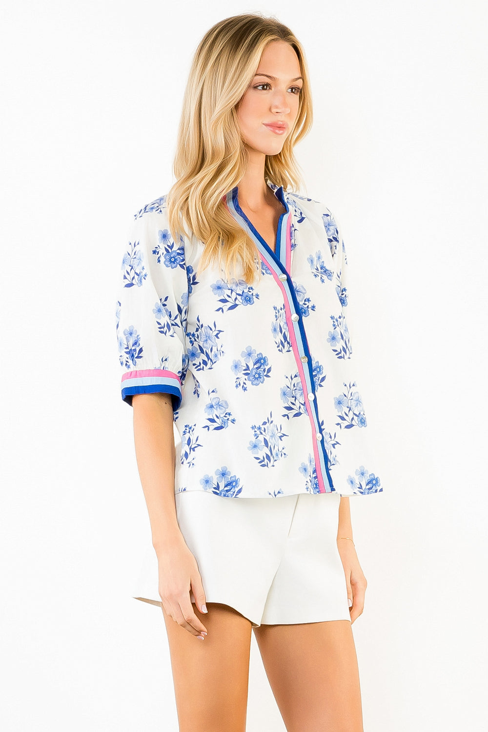 STRIPED TRIM BUTTON UP TOP