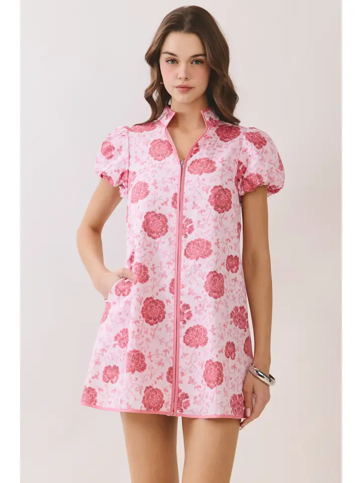 FLORAL PUFF SLEEVE ZIP UP DRESS