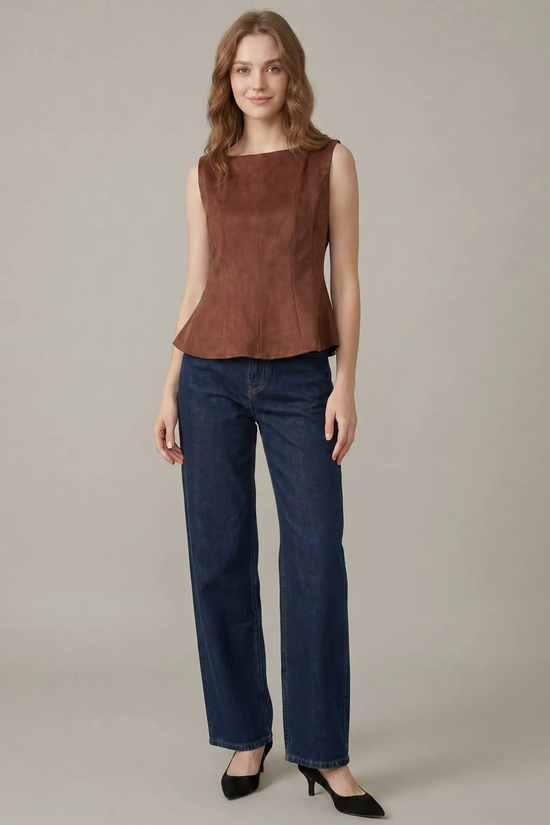 Brown Faux-Suede Sleeveless Peplum Top - back view