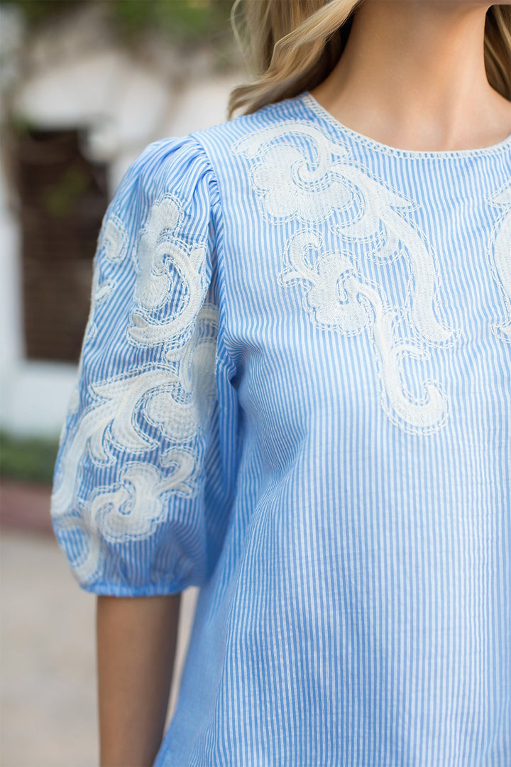BLUE AND WHITE STRIPED EMBROIDERED SLEEVE TOP