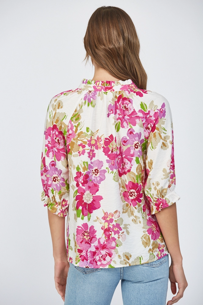 FLORAL PINTUCK SPLIT NECK TOP