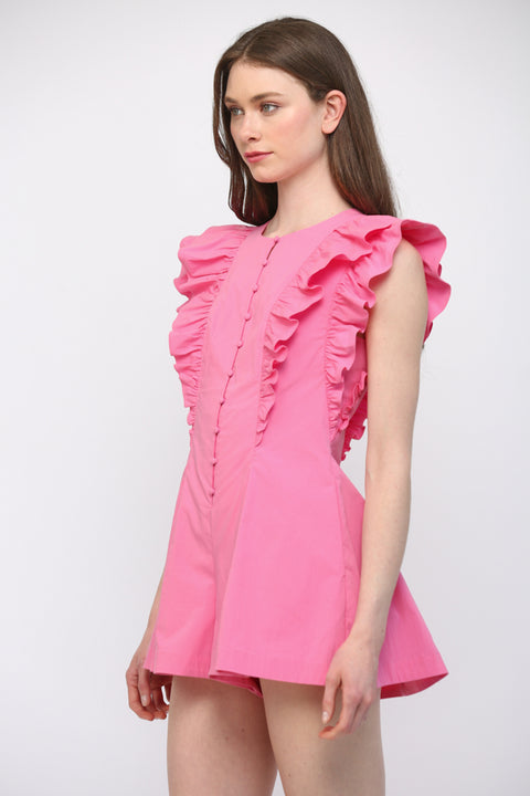 Hot pink pleated romper, front view