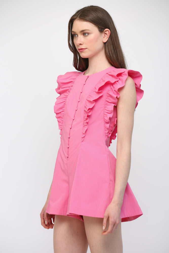 Hot pink pleated romper, front view