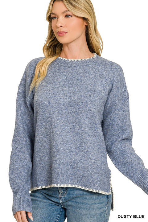 Dusty blue wool-blend hi-low sweater with contrast edging