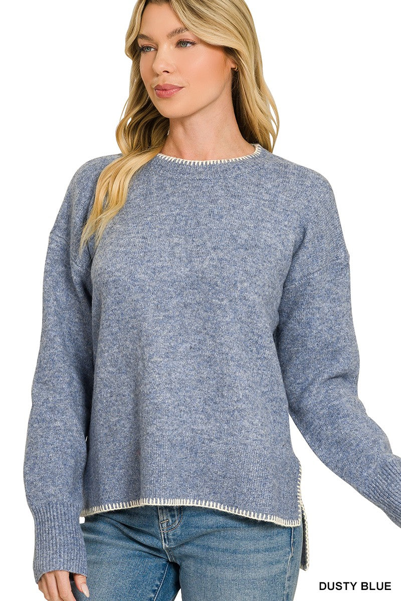 Dusty blue wool-blend hi-low sweater with contrast edging