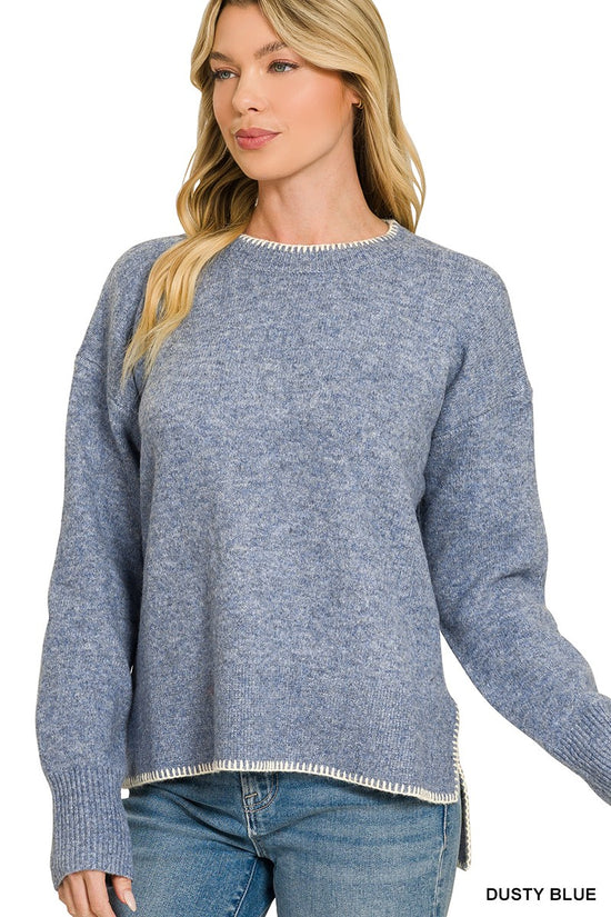 Dusty blue wool-blend hi-low sweater with contrast edging