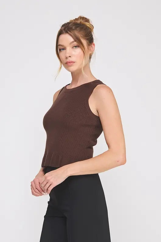 Espresso ribbed knit peplum tank front view
