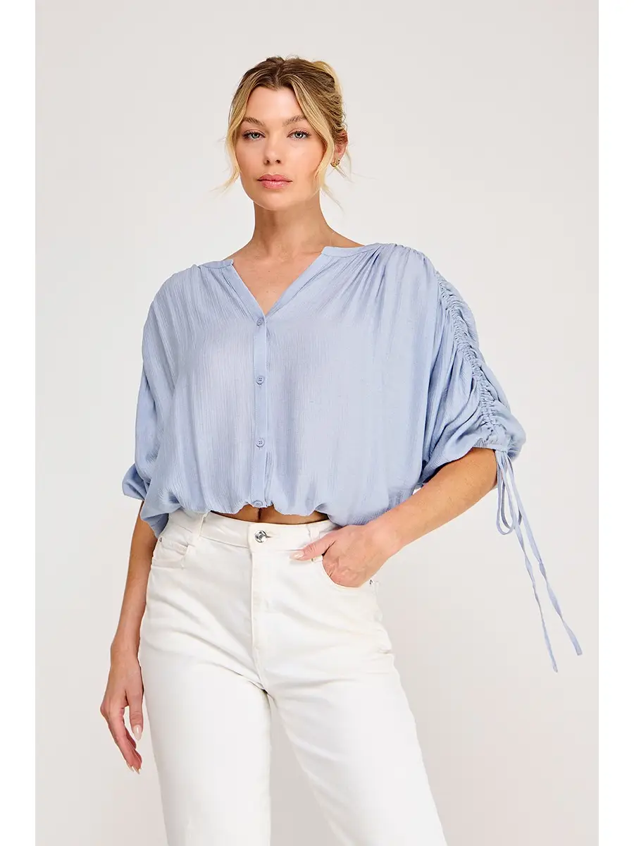 Cream and blue ruffle drawstring-sleeve top - product image 4