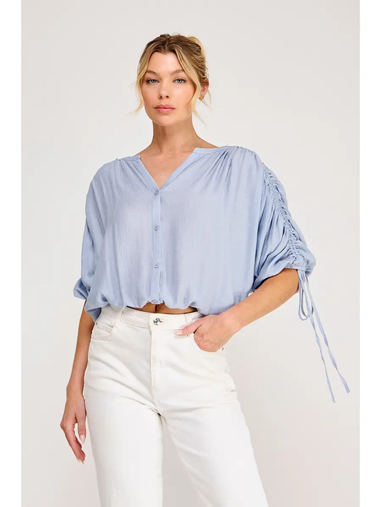Cream and blue ruffle drawstring-sleeve top - product image 4