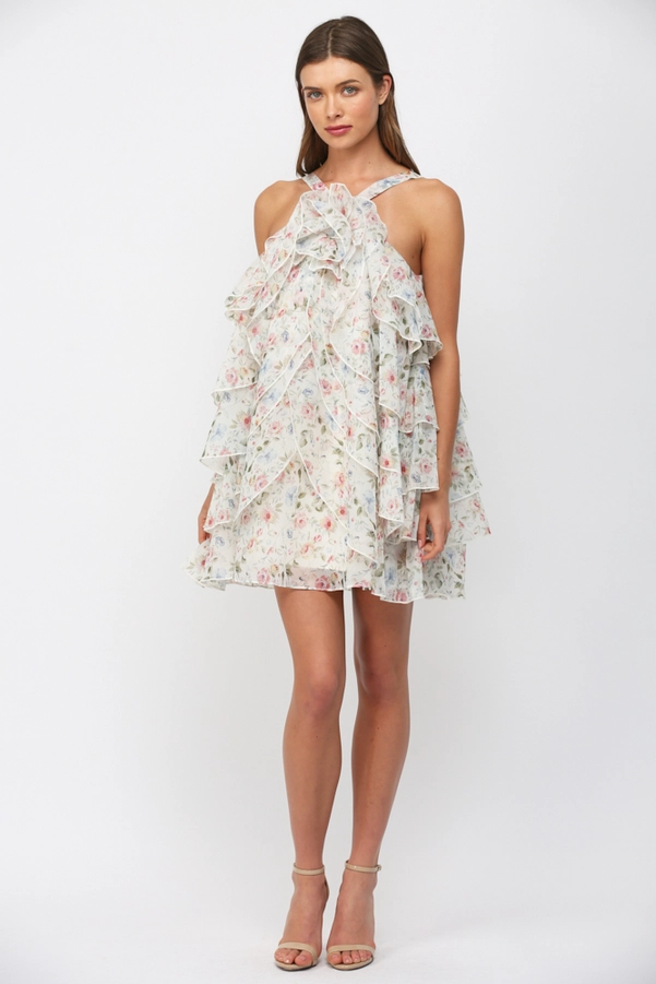 PETAL RUFFLE FLORAL MINI DRESS