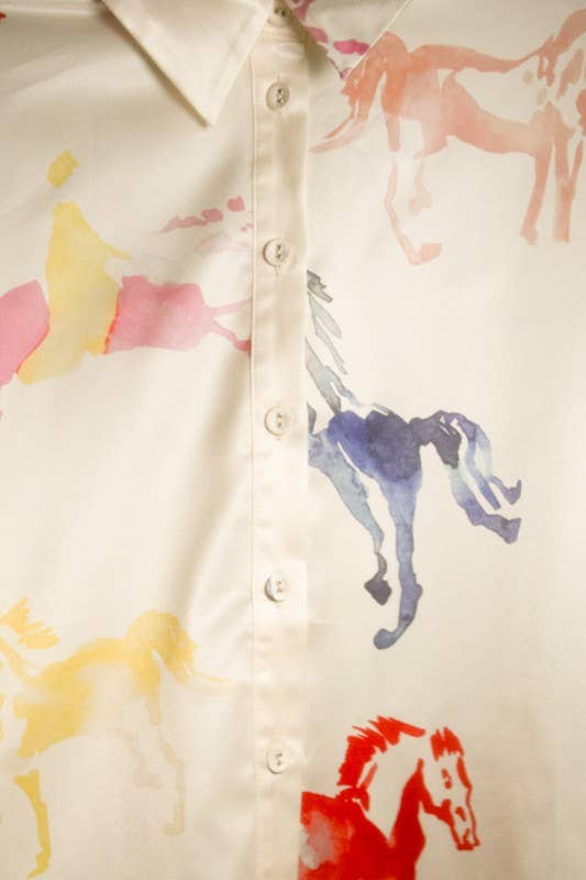 Cream multicolor horse-print button-up top - view 3