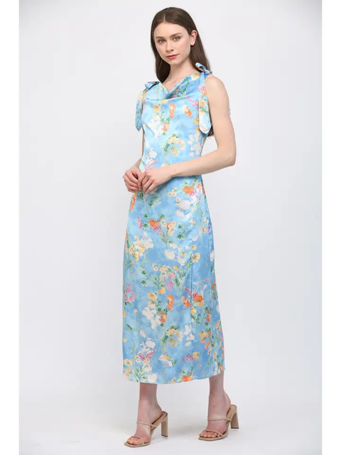 Floral Satin Tie-Shoulder Maxi Dress