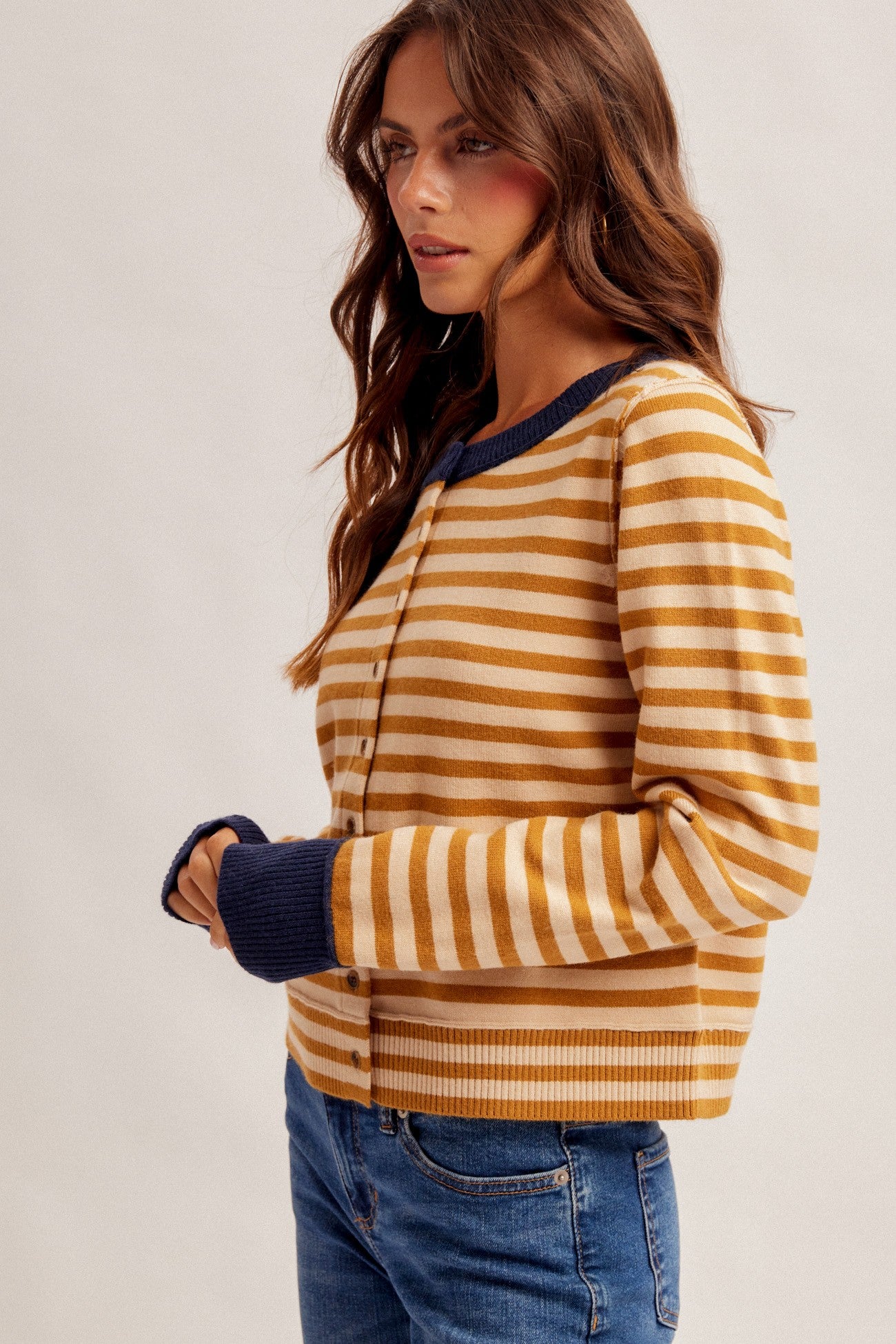 Contrast Colorblock Stripe Cardigan in mustard and navy - view 2