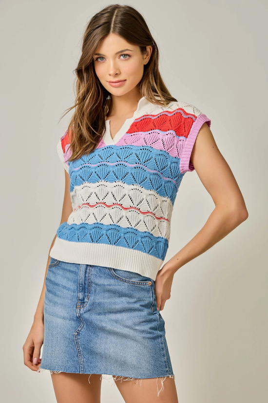 COLOR STRIPE POLO SWEATER TOP