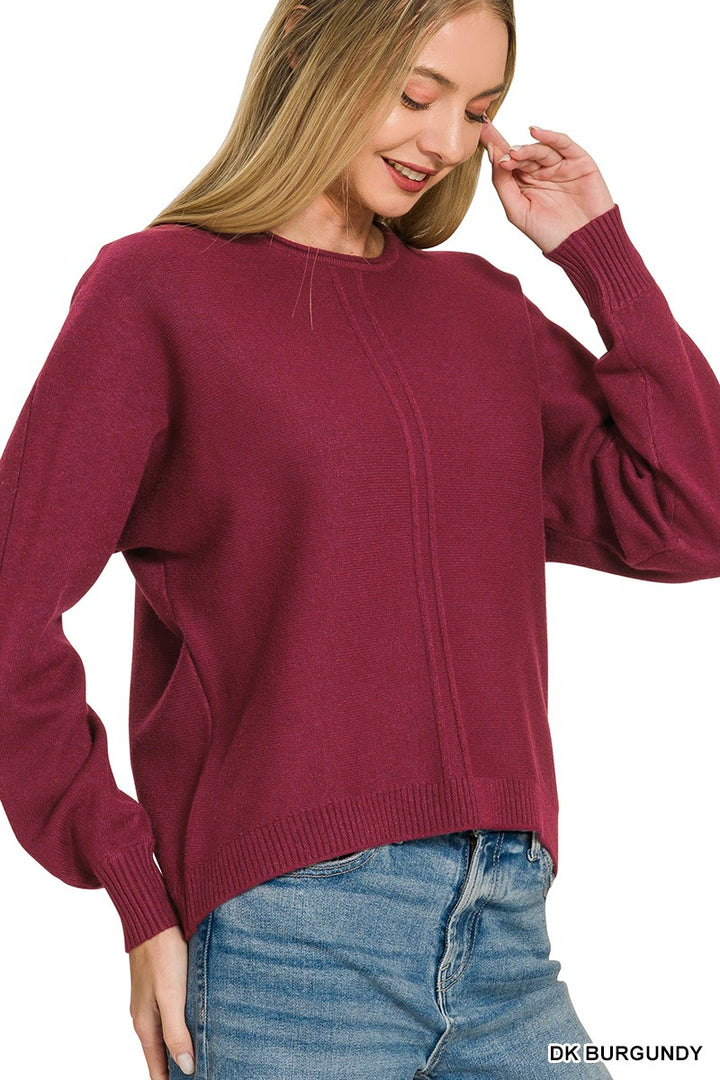 Front-seam round-neck sweater, alternate styling view