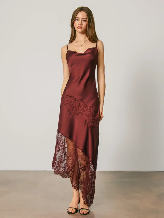 Wine lace-trim slip midi dress back view