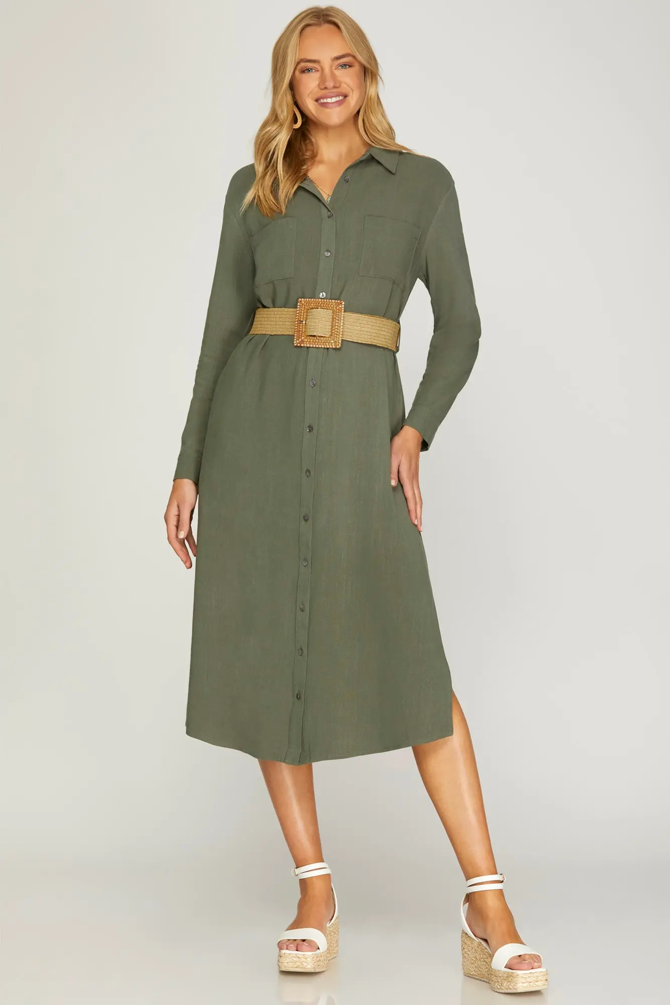SHE & SKY Button-Down Midi Shirt Dress in olive - view 3