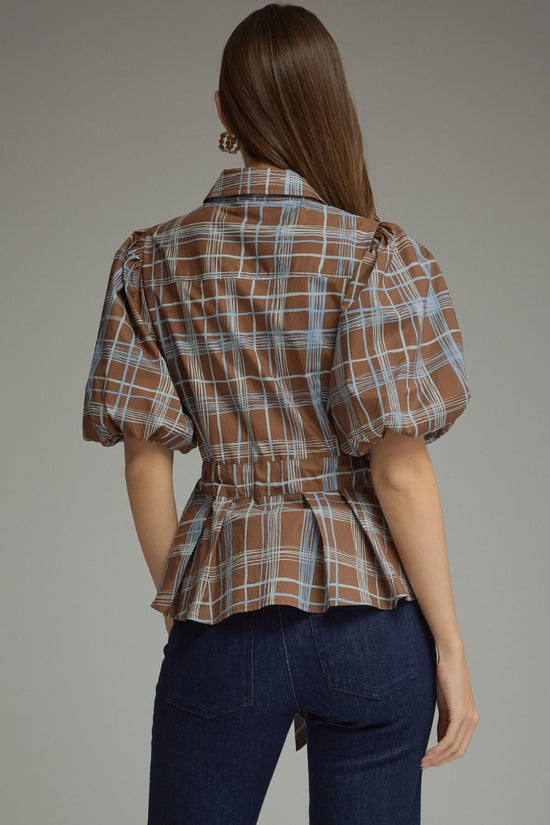 Back view of brown plaid puff-sleeve top