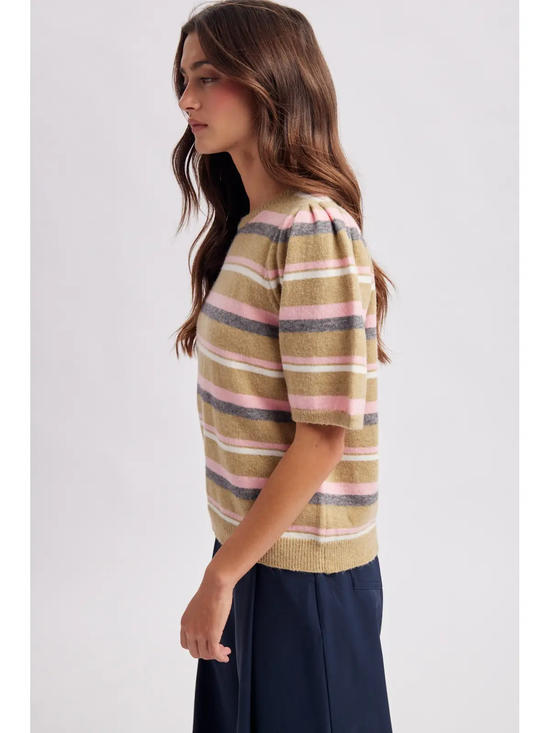 Striped knit top with pink gray and ivory accents, side view