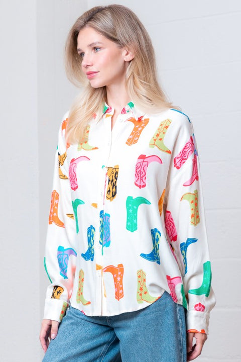Multi-color boot-print button-up shirt, front view