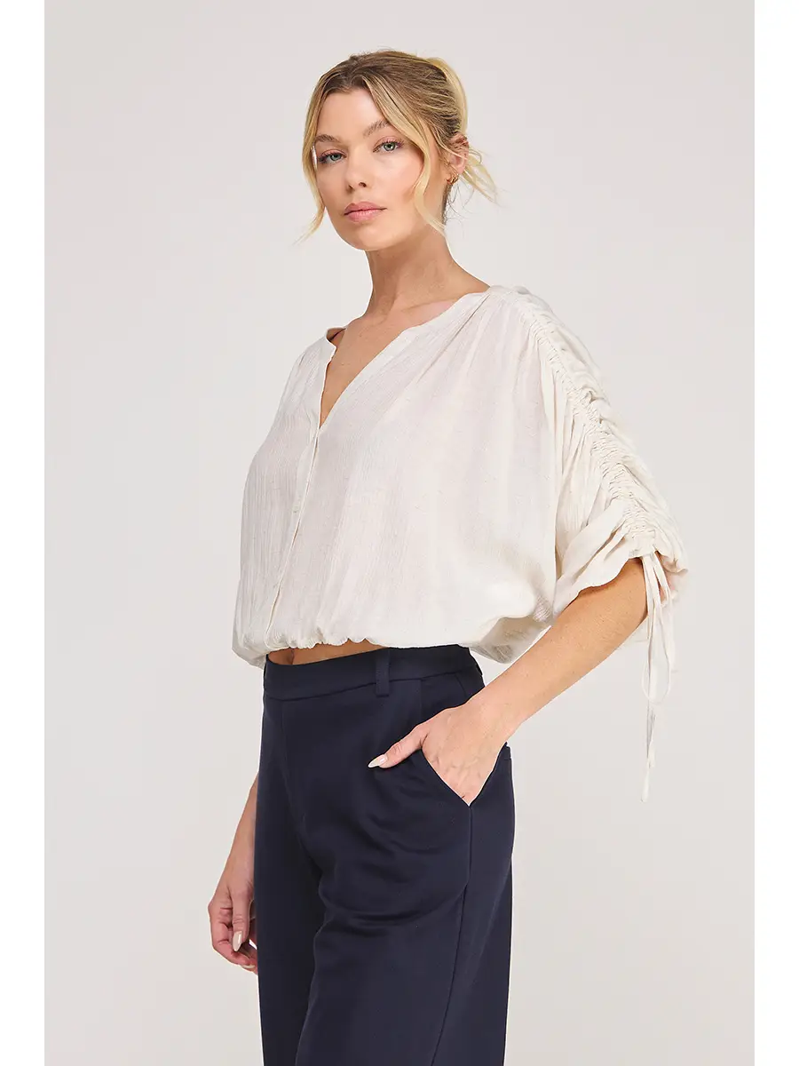Cream and blue ruffle drawstring-sleeve top - product image 2