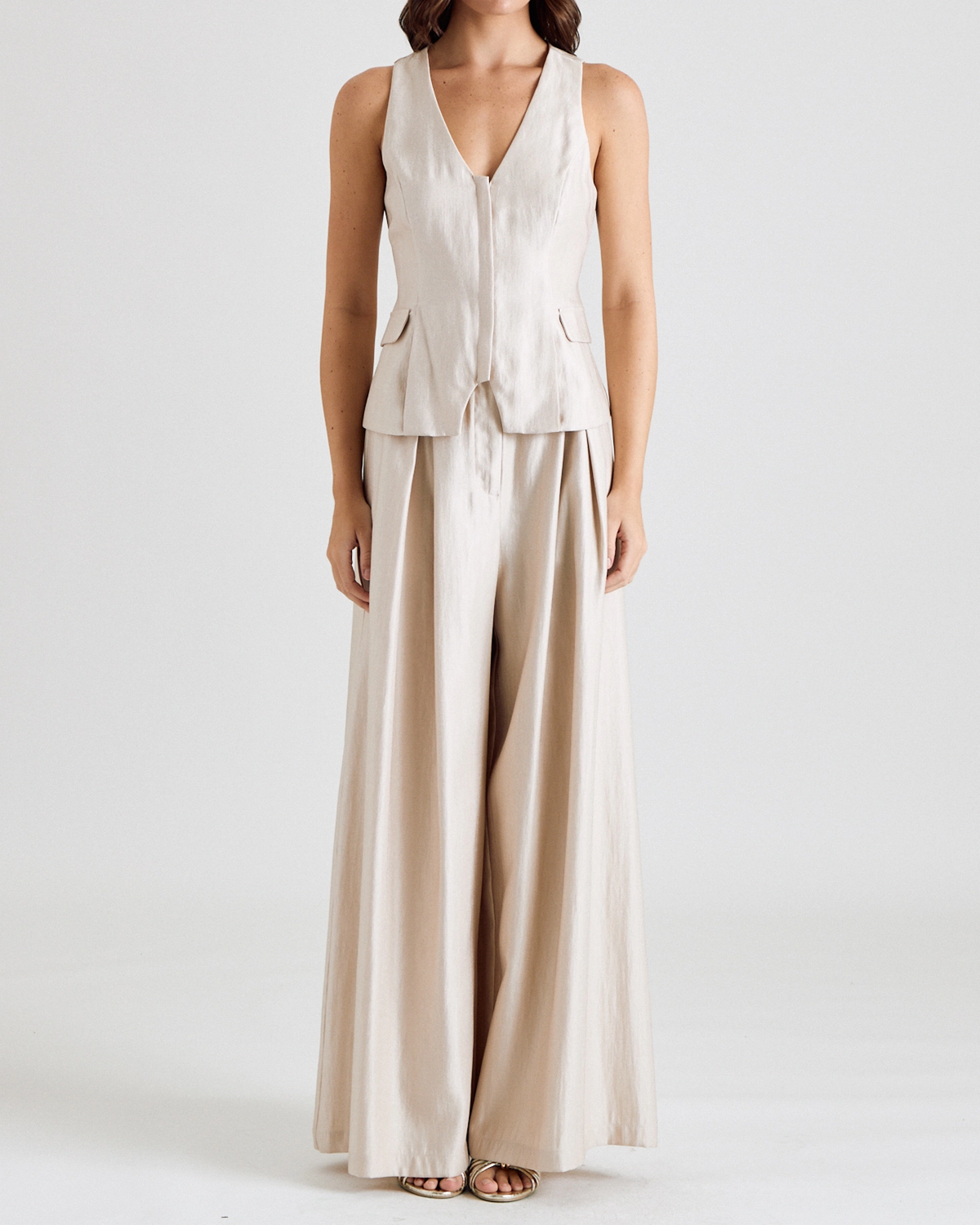 Champagne Polished Pleat Wide-Leg Trousers