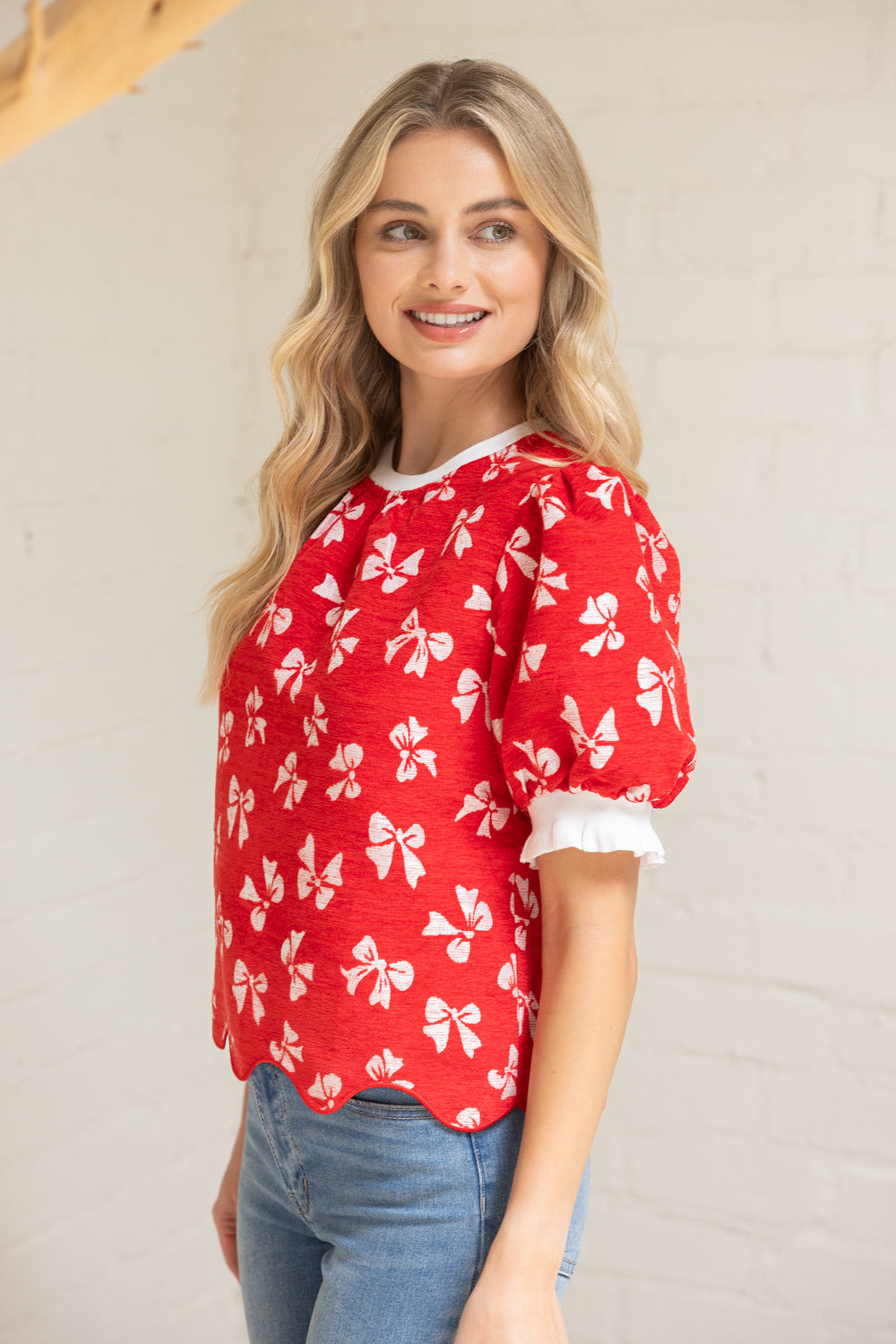 BOW PRINT VELVET TOP