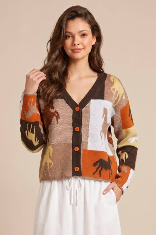 Brown / Multicolor Horse-Print Button-Front Cardigan - front view