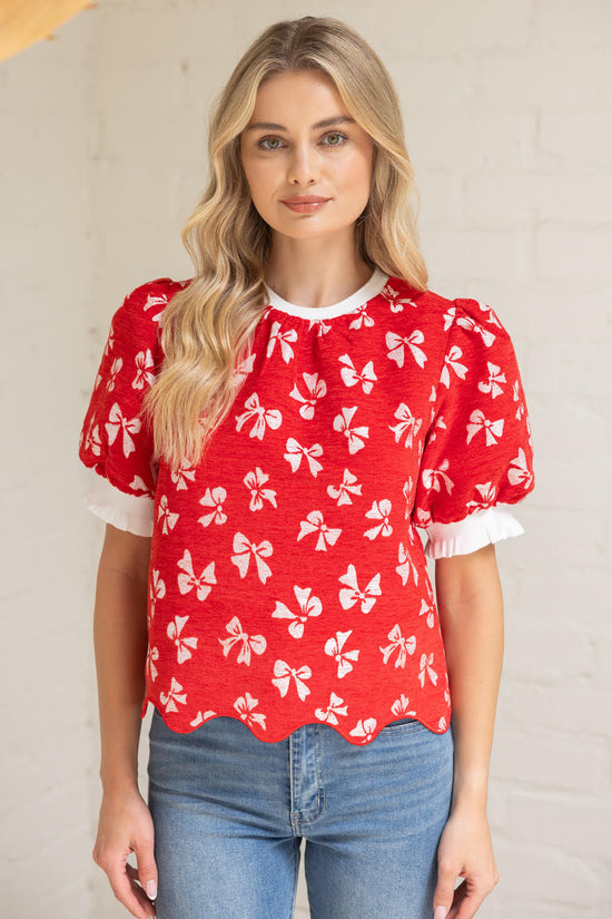 BOW PRINT VELVET TOP