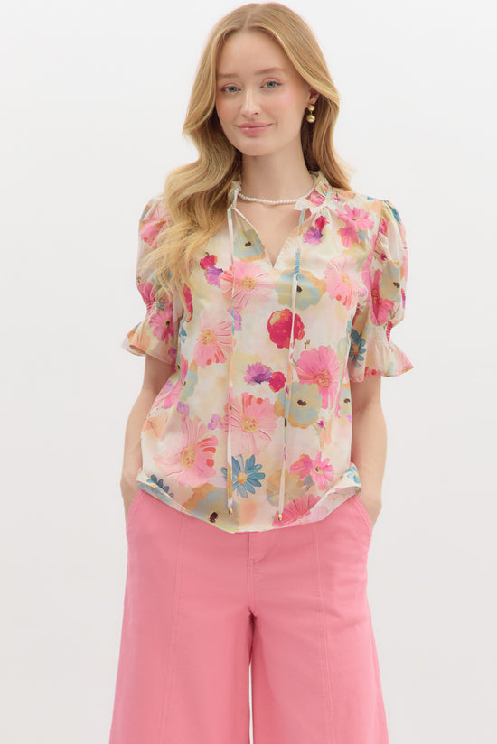 FLORAL PUFF TIE DETAIL TOP