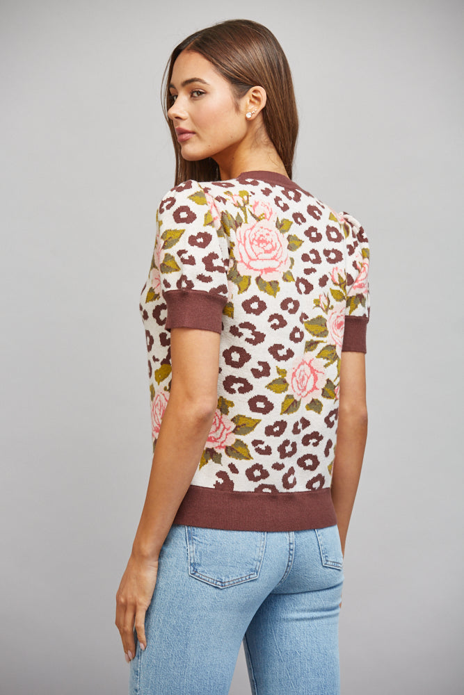 Back view of cream floral leopard jacquard short-sleeve sweater