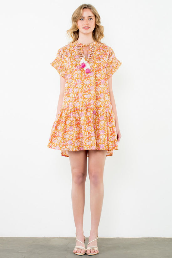 SMOCKED SLEEVE TASSEL TIE DRESS